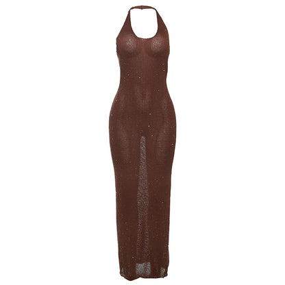 See Through Backless Halter Dress with Sequins