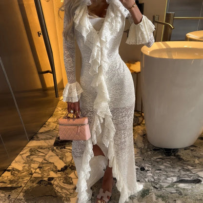 White Lace Ruffle Chiffon V-Neck Slit Long Dress