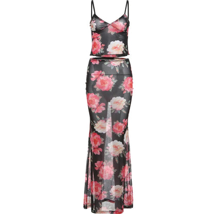 Sheer 2-Piece Set with Side Split Skirt & V Neck Camisole