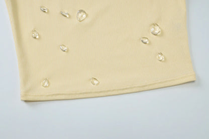 Knit Square Collar Long Sleeve Slim Water Droplets Diamond Top