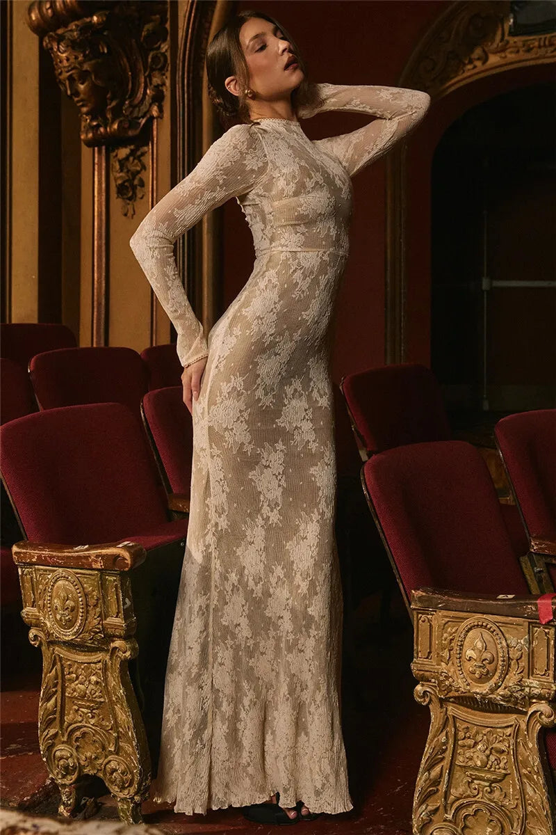 Lace Long Sleeve Maxi Dress White Zipper Half High Collar Bodycon Long Dress