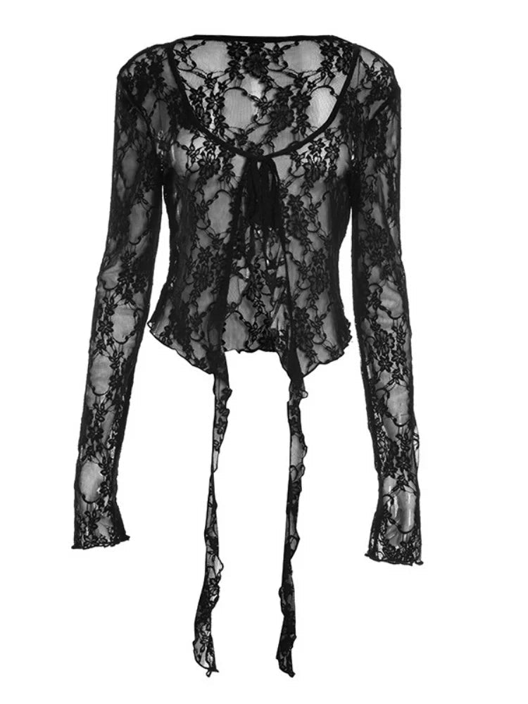 Black See Through Lace Mesh Long Sleeve Top