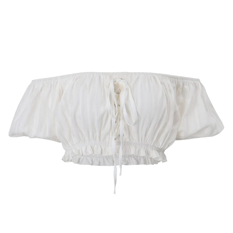 White Off Shoulder Ruffle Puff Short Sleeve Crop Top