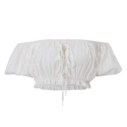 White Off Shoulder Ruffle Puff Short Sleeve Crop Top