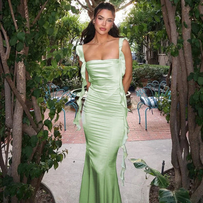Satin Backless Split Maxi Dress Green
