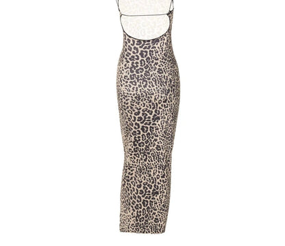 Chic Leopard Backless Bodycon Maxi Dress