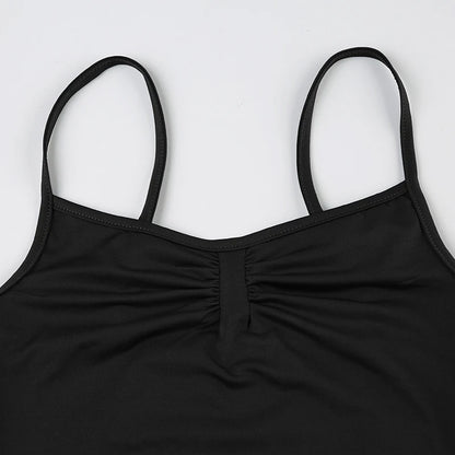Sleeveless Shirring Spaghetti Strap Bodysuit - Black