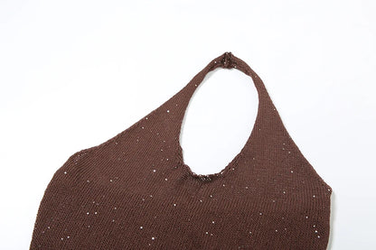See Through Backless Halter Dress with Sequins