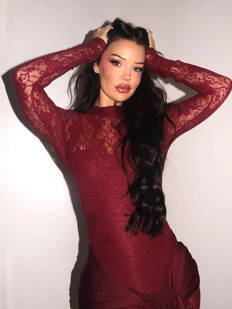 Burgundy Long Sleeves Backless See Through Maxi Dress