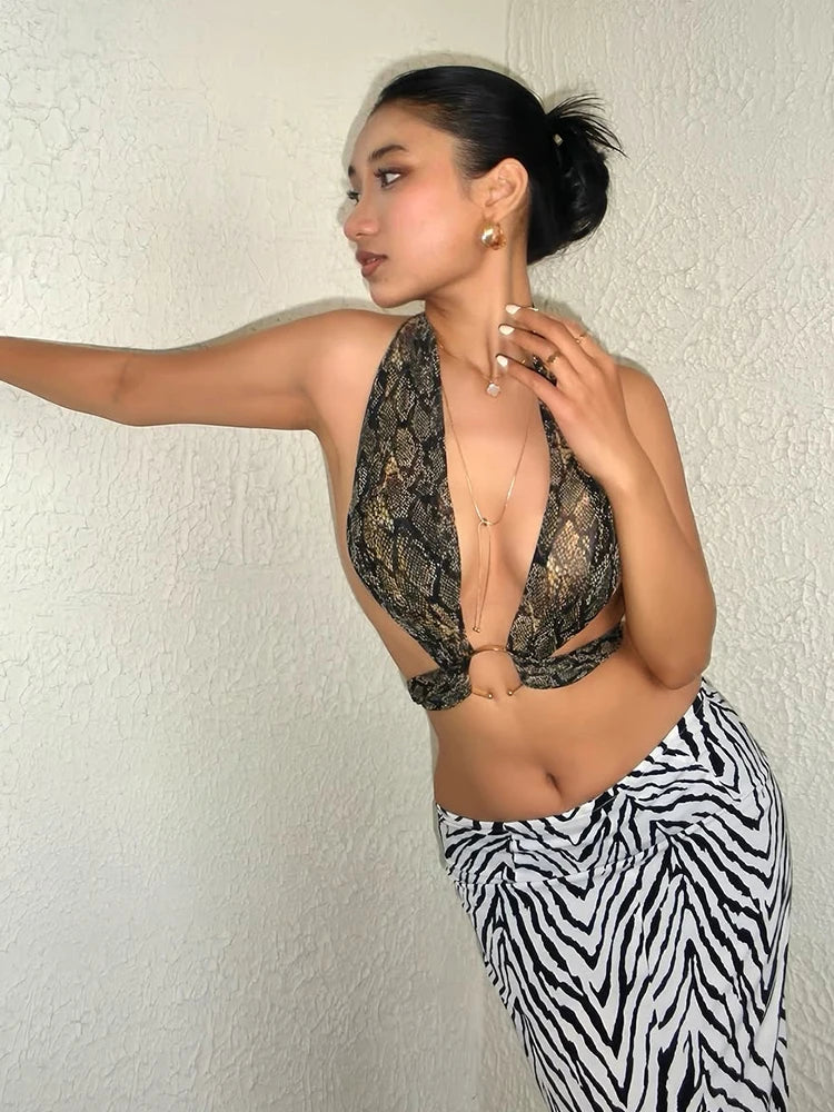 Snake Halter Backless Crop Top
