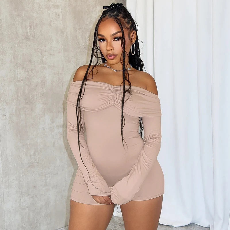 Off Shoulder Pleat Full Sleeve Sporty Playuit Wrap Chet Backless Skinny One Piece Romper
