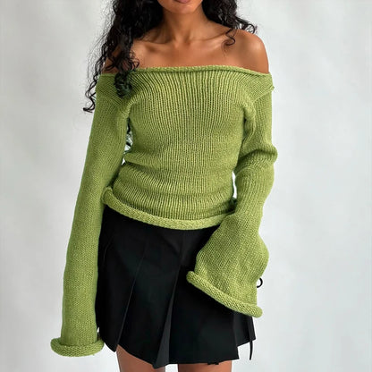 Knit Off Shoulder Slim Long Bell Sleeve Sweater