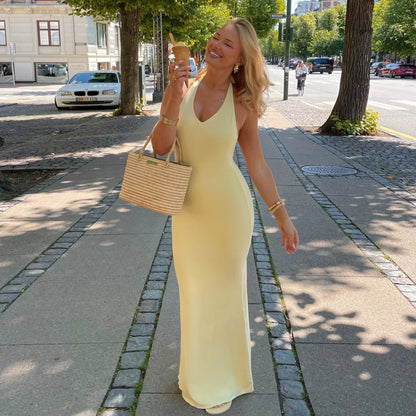 Yellow Slim Sleeveless Backless Halter Long Dress