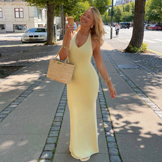 Yellow Slim Sleeveless Backless Halter Long Dress