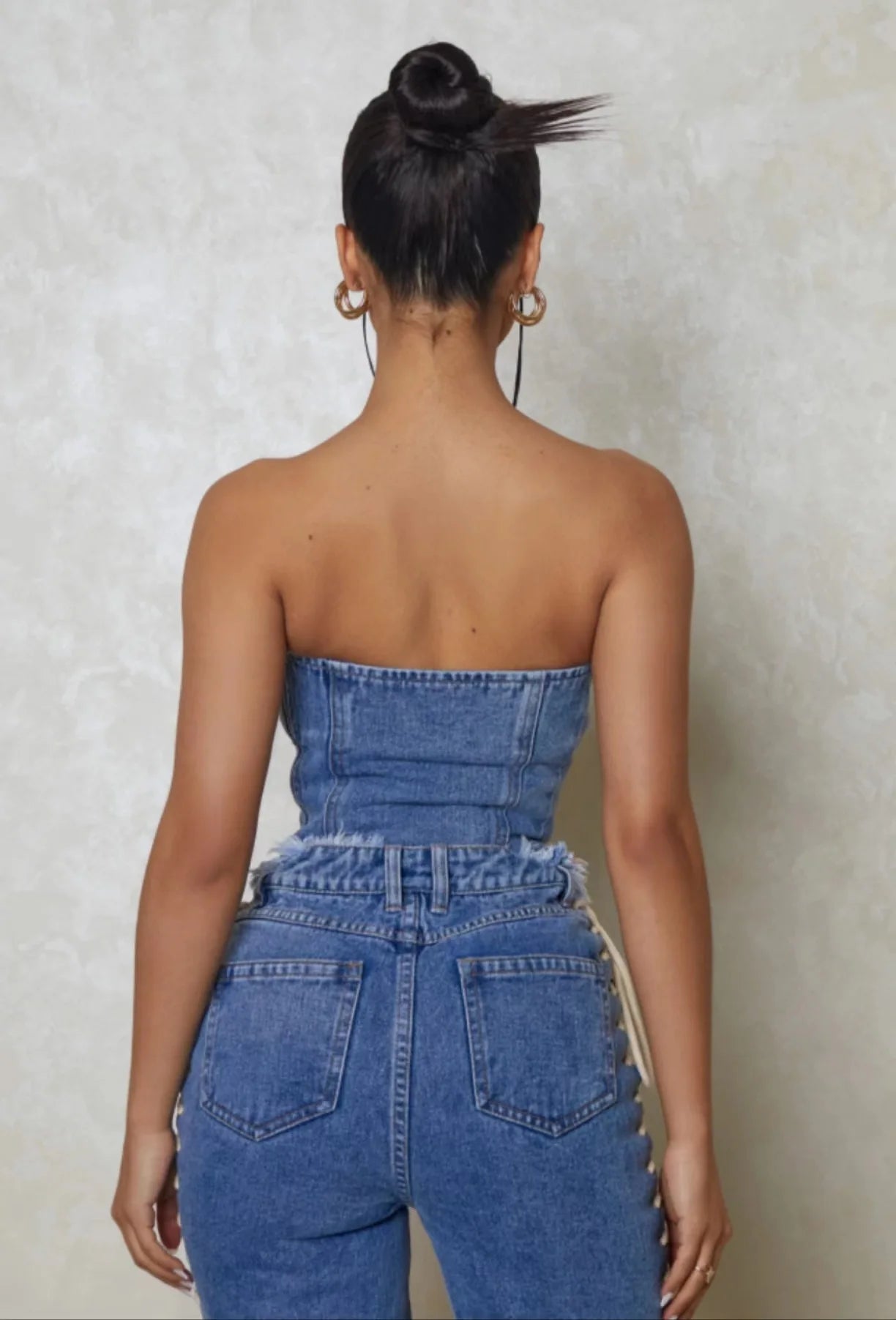 Denim Drawstring Strapless Top