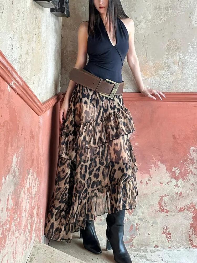 Leopard High Waist Ruched Long Skirt