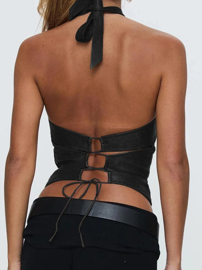 Leather Backless Halter Top