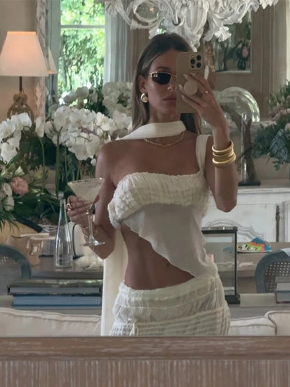 See Through Two-Piece Set with Scarf Top & Pleated Skirt