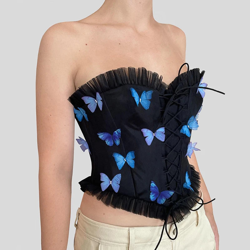 Three-Dimenional Butterfly Decorative Patchwork Wooden Ear Edge Butier Top Coret Bottom Straple Top