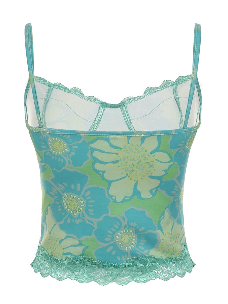 Floral Print Bustier Fairycore Top with Lace Patchwork