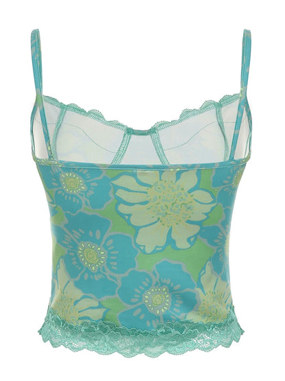 Floral Print Bustier Fairycore Top with Lace Patchwork