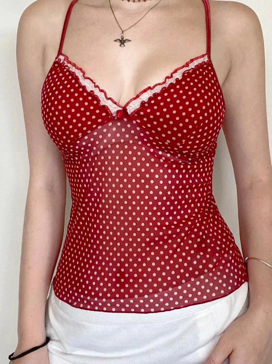 Red V-Neck Polka Dots Top