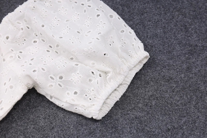 Low-cut Puff Short Sleeve Crop Top Flower Hollow Out T Shirt Backless White Camis