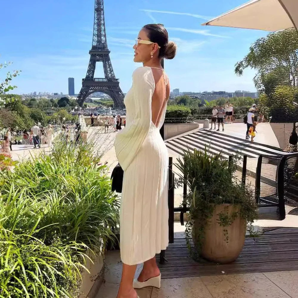 Ribb Knit Dress White Flare Sleeve Long Sleeve Bodycon Dress Backless Maxi Dress