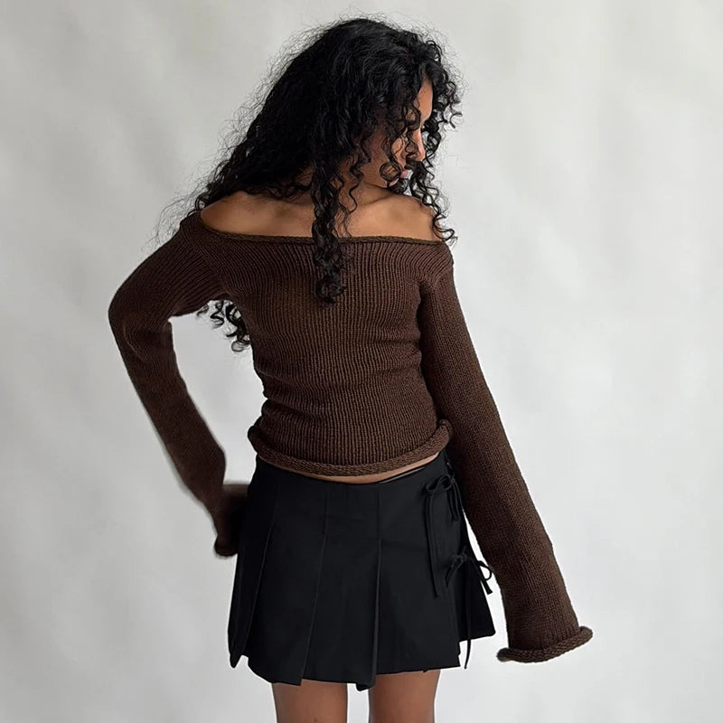 Knit Off Shoulder Slim Long Bell Sleeve Sweater