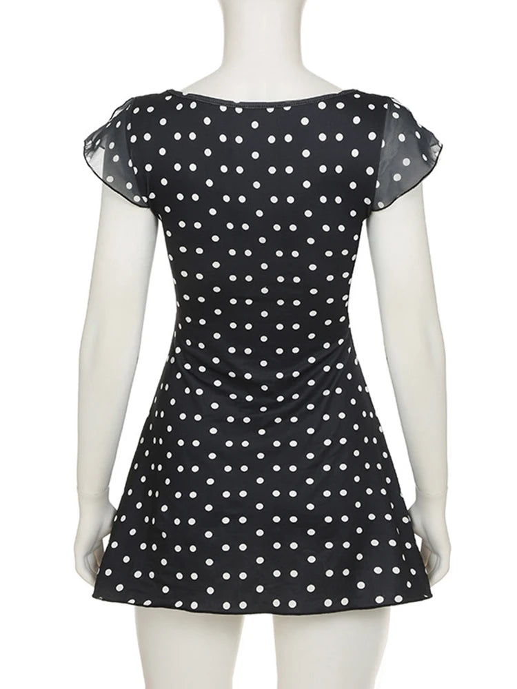 Pola Dot Dress Dressp V nec High Wait Mini Dress Slim A-line Dress