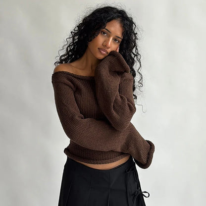 Knit Off Shoulder Slim Long Bell Sleeve Sweater