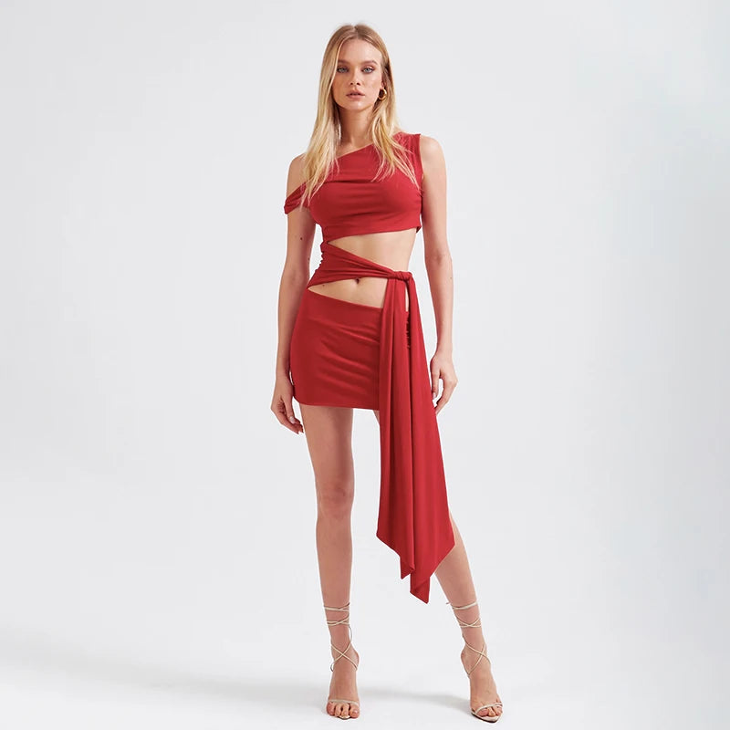 Color Oblique Collar Strapless Sleeveless Slim Tie Short Dress Hollow Out Hip Dress