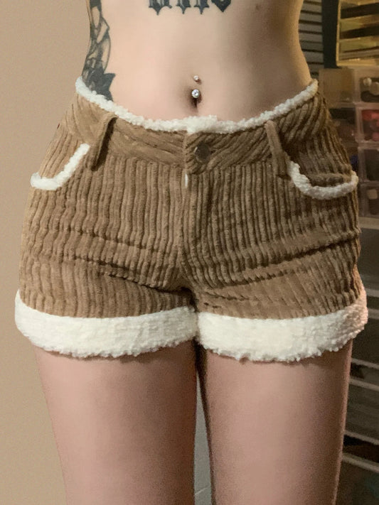 Retro Corduroy 's Shorts Knitted s Low Waisted Fur Patchwork Shorts