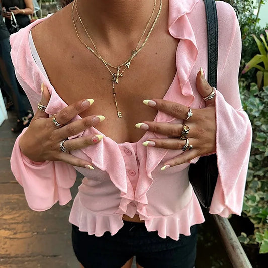 Pink Ruffled Flare Sleeve V-Neck Top