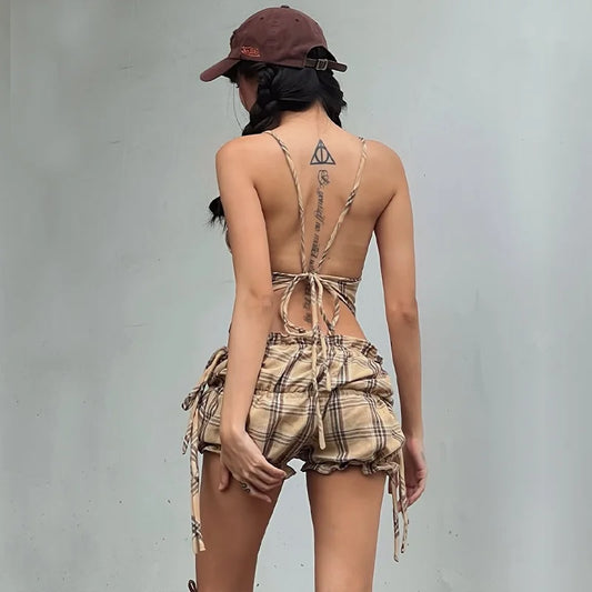 Khaki Plaid Backless Sleeveless Top And Ruffle Shorts Two Piece Set