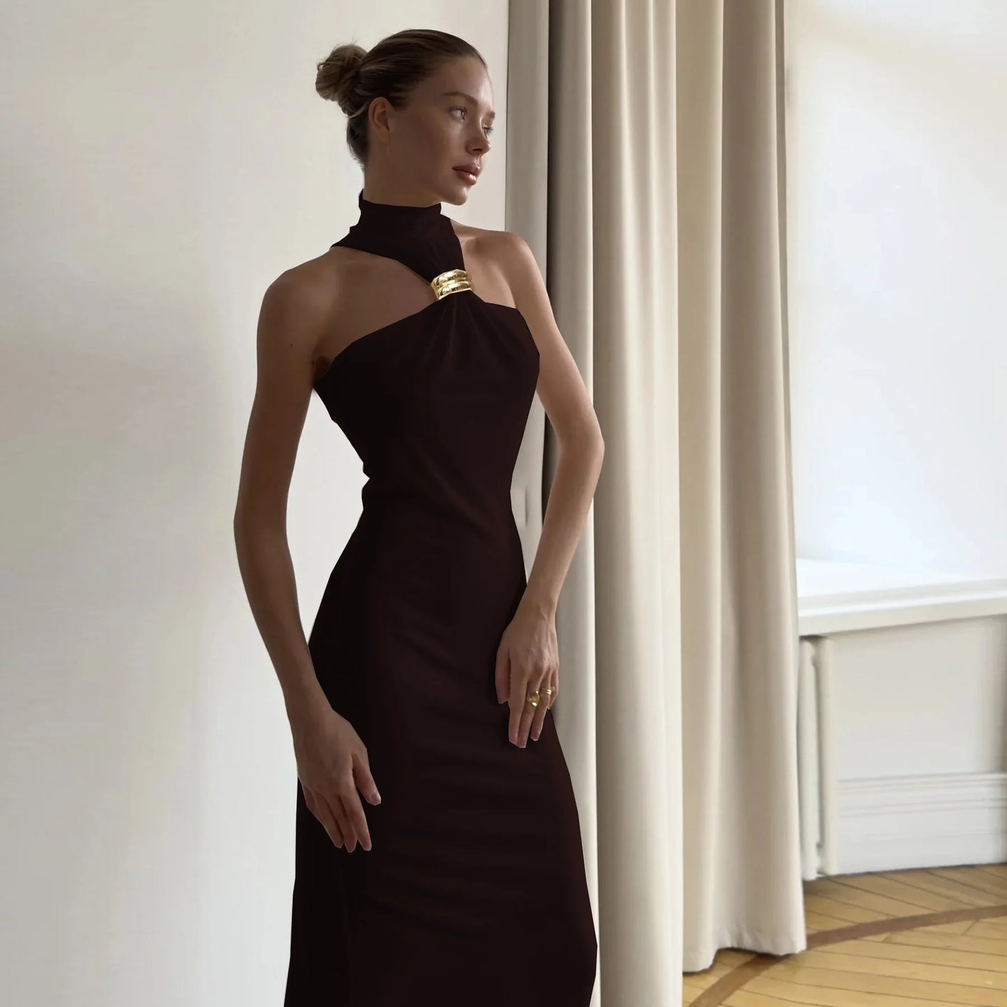 Metal Buckle Long Dress Sleeveless Halter Neck Dress Ins