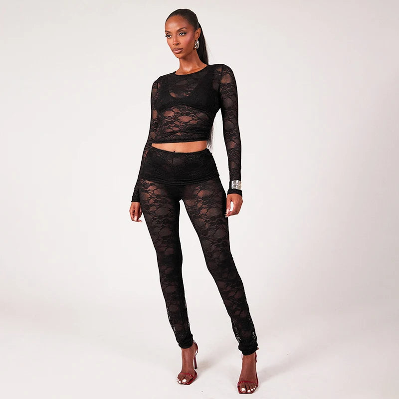 Patchwork Lace See-Through Two-Piece Set Lace Patchwork Long-Sleev Top Slim Pant Set