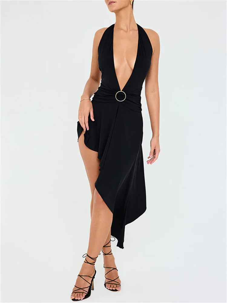 Deep V Backless Fishtail Mini Dress