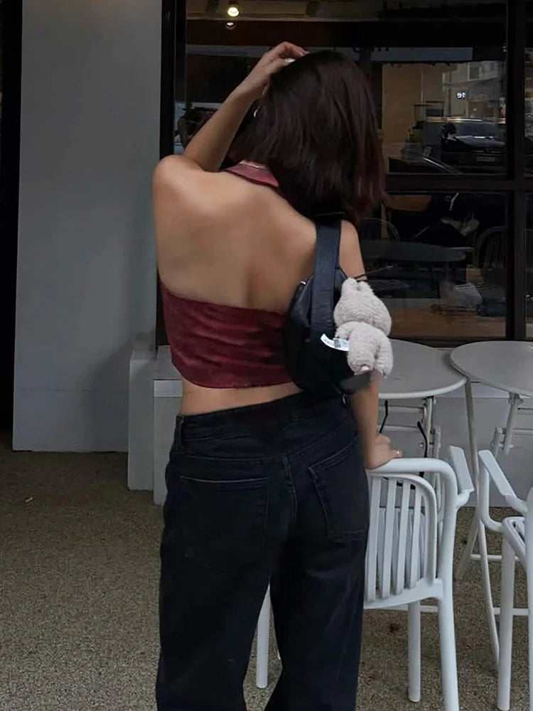 Red PU Sleeveless Halter Backless Top
