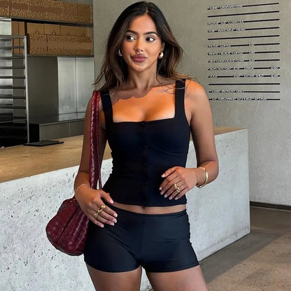 Button Up Square Neck Low Cut Tank Top