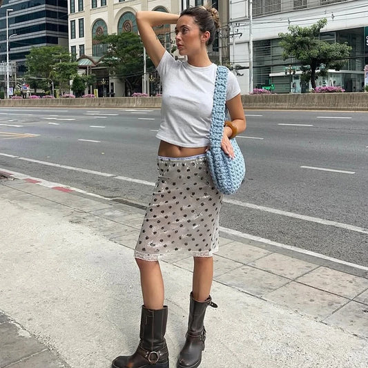 White Polka Dot Low Waist Midi Skirt