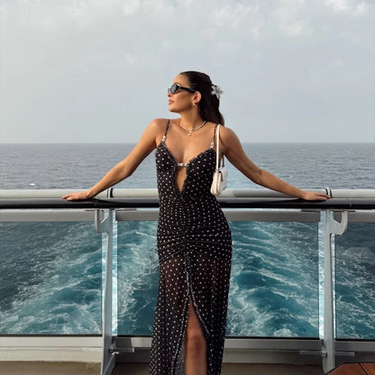 Black Backless V-Neck Polka Dot Maxi Dress