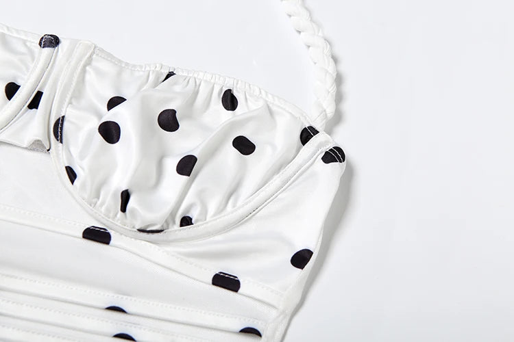 White Polka Dot Backless Tank Top and Midi Skirt Two Piece Set