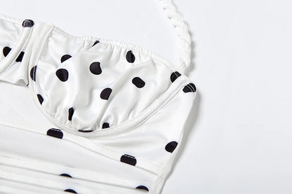 White Polka Dot Backless Tank Top and Midi Skirt Two Piece Set