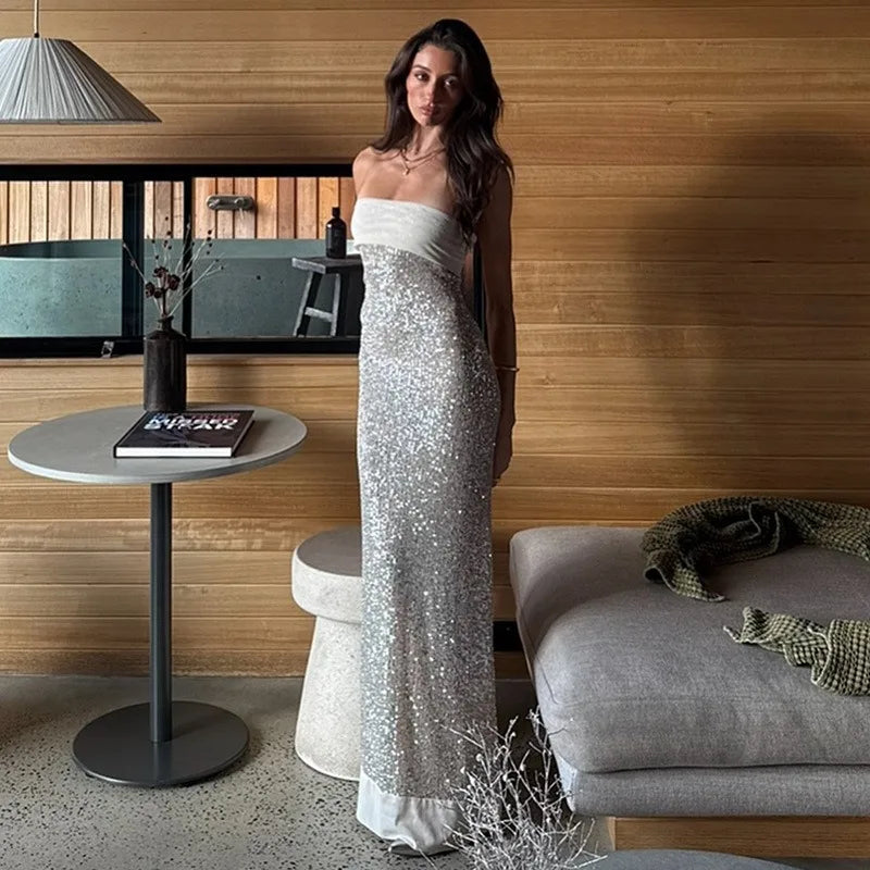 Sequined Strapless Backless Slit Maxi Dress