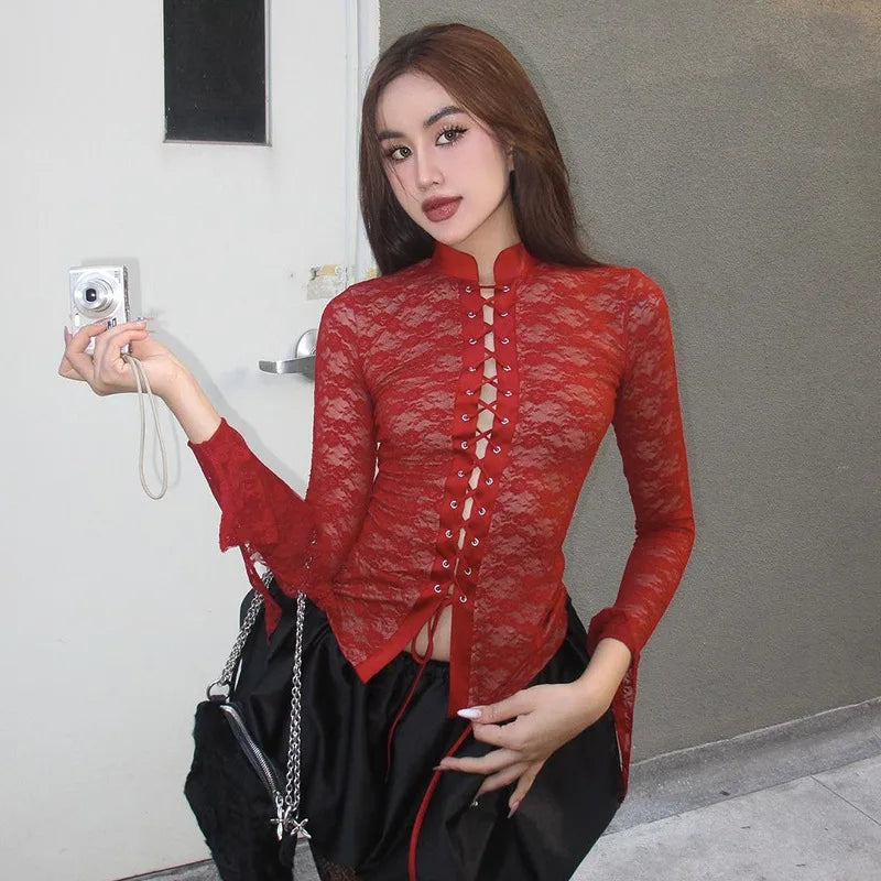 Red See Through Lace Top