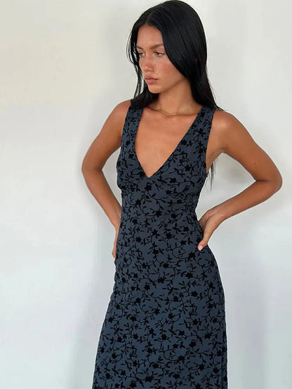 Floral Printed Deep V Long Dress - Sleeveless Slim Fit