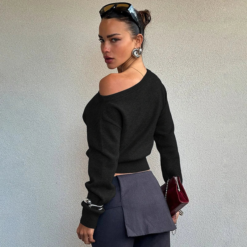 Inclined Shoulder Long Sleeve Slim Sweater