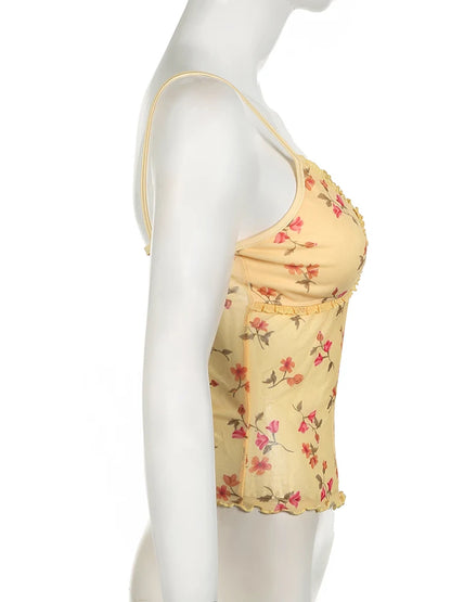 Yellow Floral Mesh See-Through Camisole Top