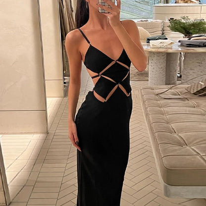V Neck Hollow Out Backless Bodycon Maxi Dress